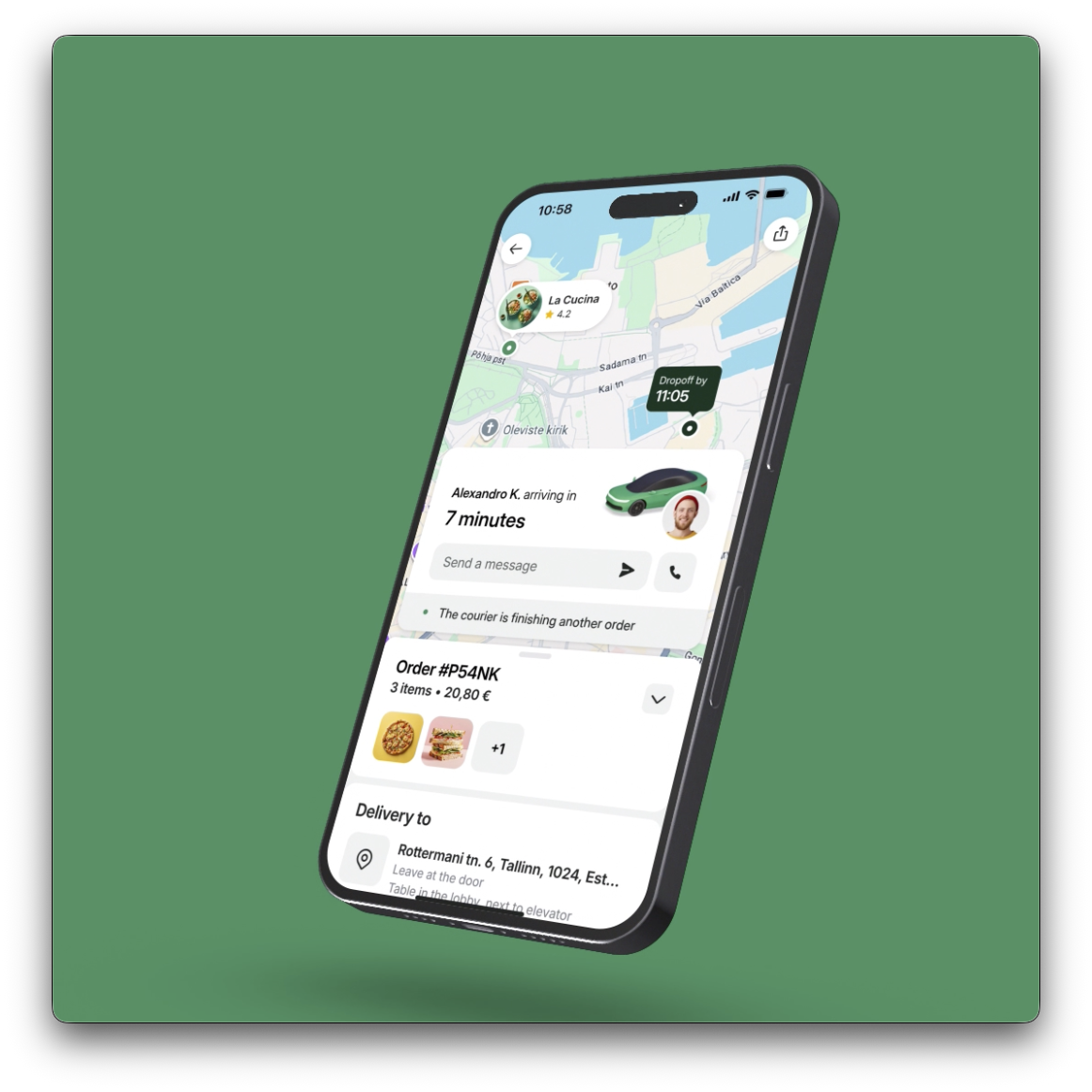 Bolt Food Active Order screen on a green cover