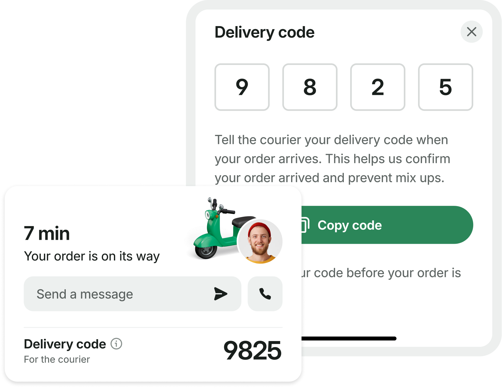 Delivery code design showing the code on the courier card and an expanded explanation with a copy action