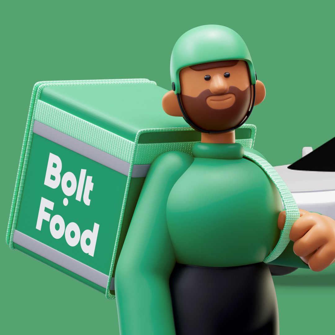 New Bolt Food 3D courier illustration — character wearing green helmet with Bolt Food delivery bag