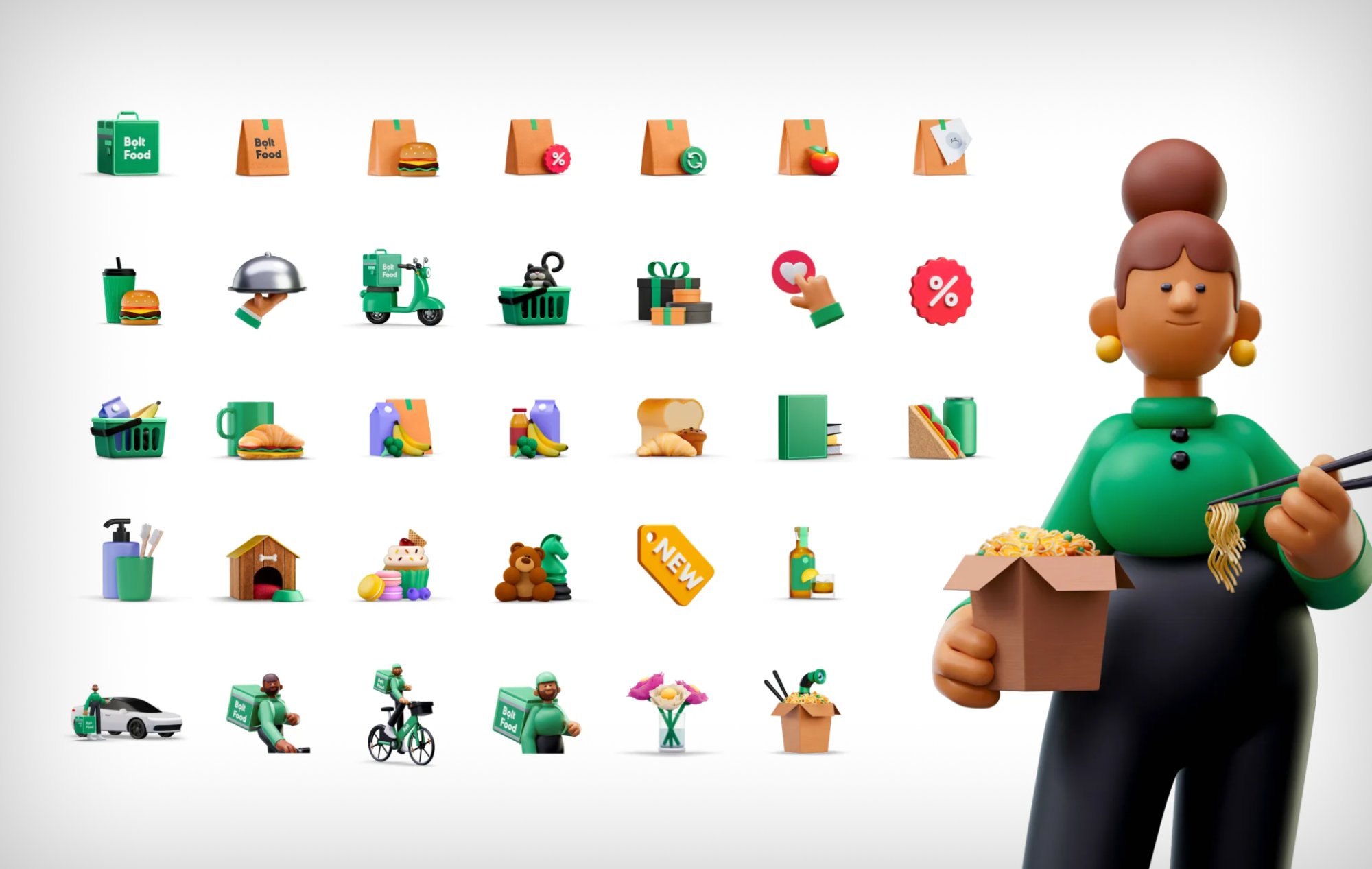 Full Bolt Food 3D illustration library — 30+ icons and characters including courier, food items, baskets, discount badges, and vehicles