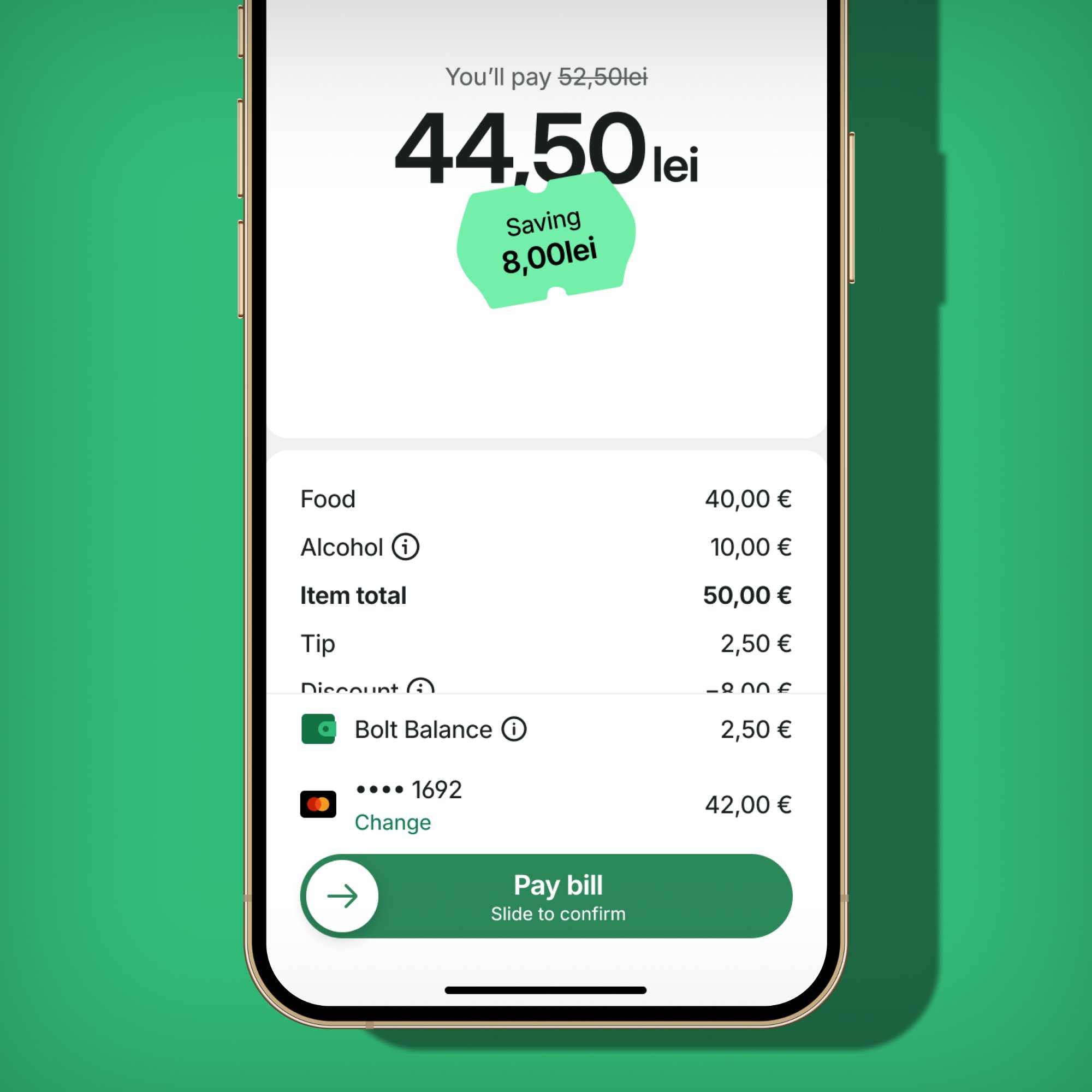 DineOut bill payment screen showing savings of 8.00lei — discount applied, total 44.50lei