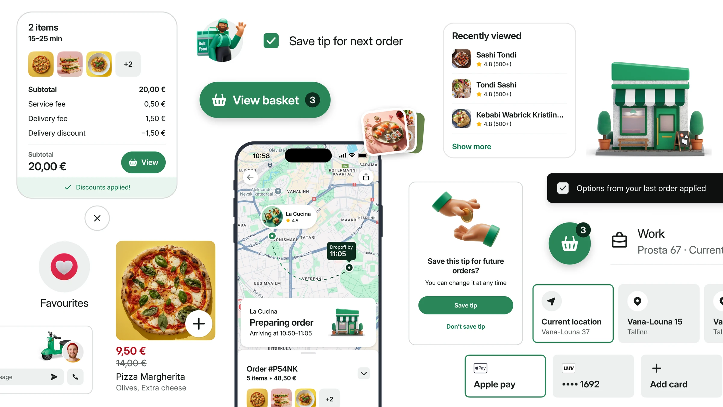 Quality design collection showing basket interactions, saved choices, payment methods, address shortcuts, and order feedback